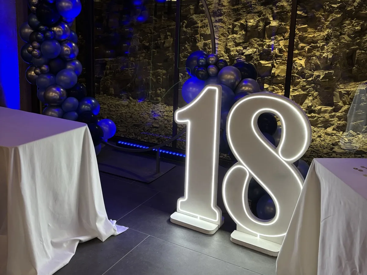 Festa di compleanno per i 18 anni con numero 18 luminoso e arco di palloncini blu, musica e DJ MACO DJ